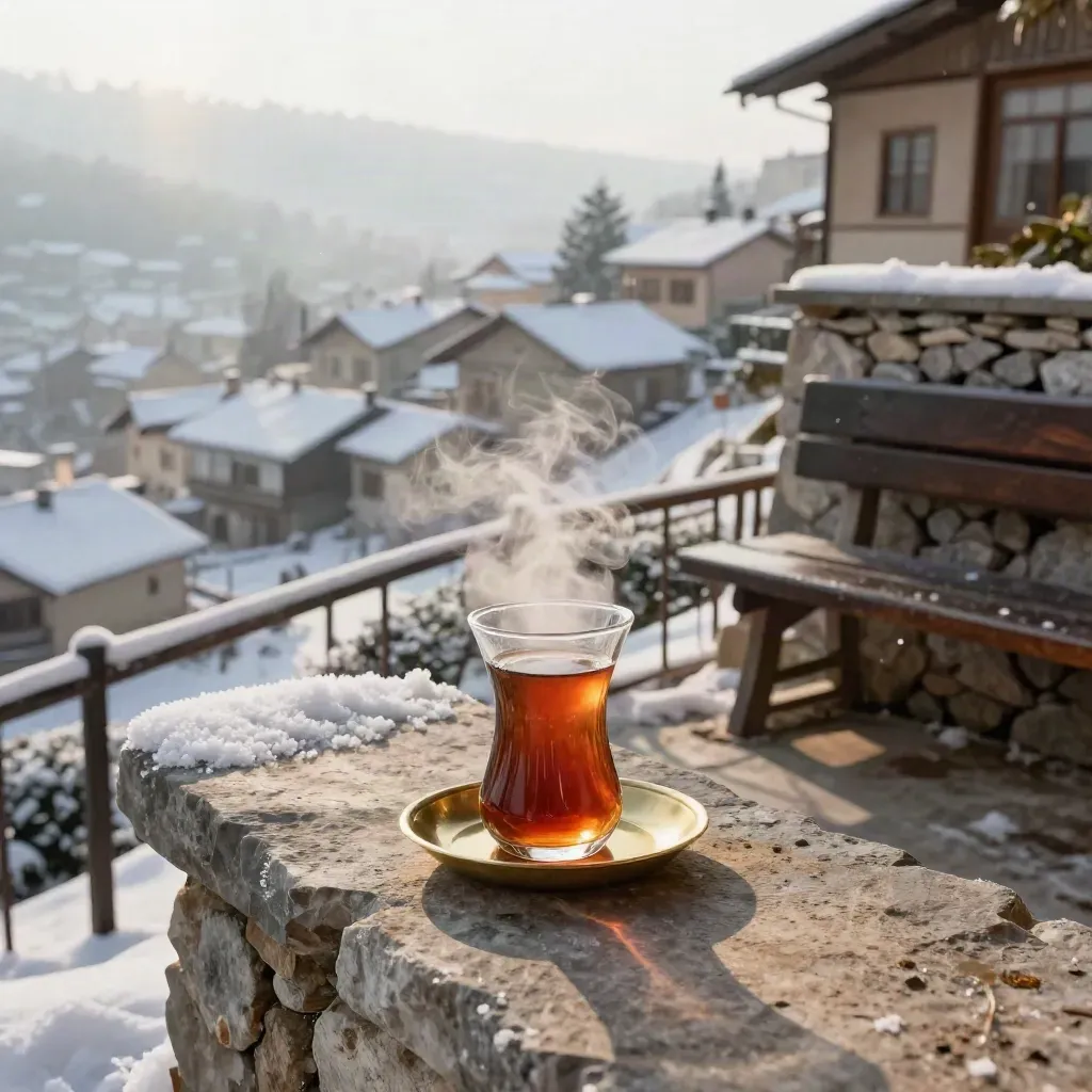 Bursa yamaçlarında karlı çatılar ve buharlı çay bardağıyla samimi bir kış terası.