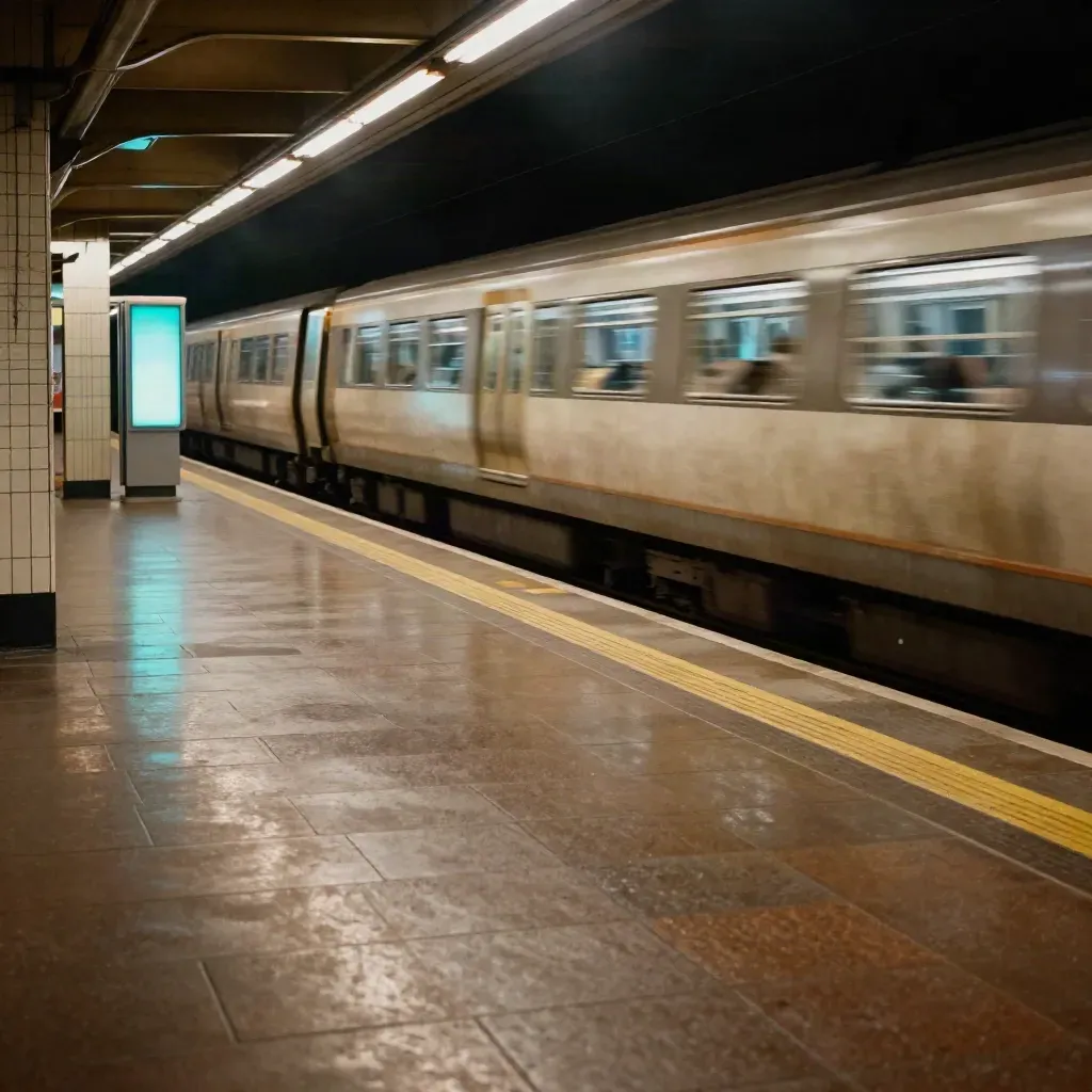Gece metrosunda kayıp giden tren yansıması, boş peron kenarı ve turkuaz ışıklı bekleme nişi.