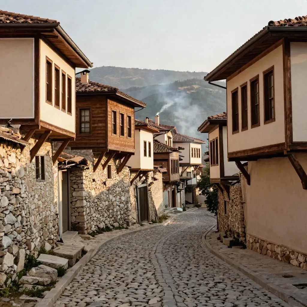 Safranbolu’da yokuş yukarı ahşap konaklar, taş duvarlar ve kıvrılan arnavut kaldırımı.